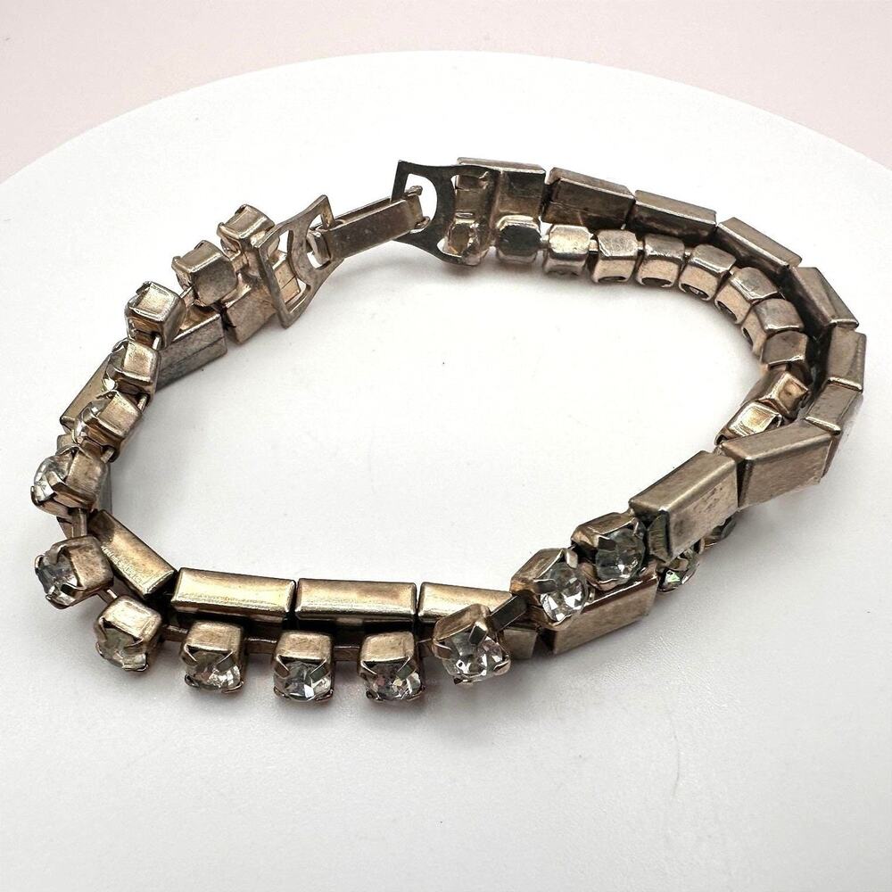 Vintage 90s Silver Tone Clear Rhinestone Double Strand Bracelet Women's Jewelry